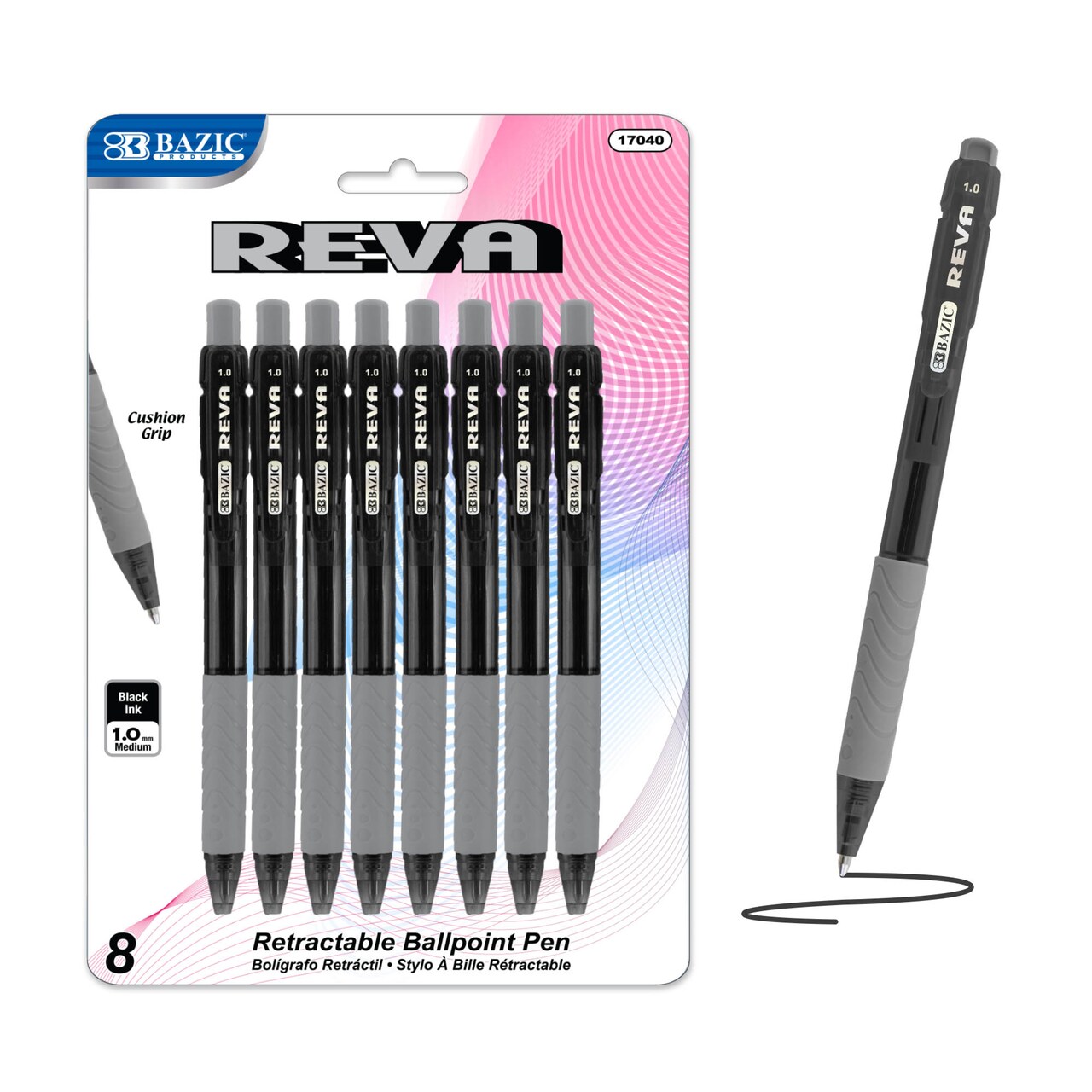 BAZIC Reva Black Color Retractable Pen w/ Cushion Grip (8/Pack)